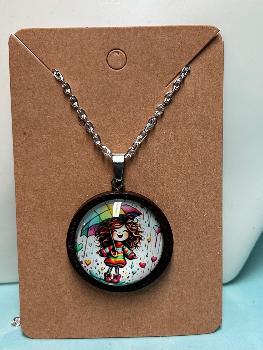 Colorful Girl with Umbrella Pendant Wood Necklace